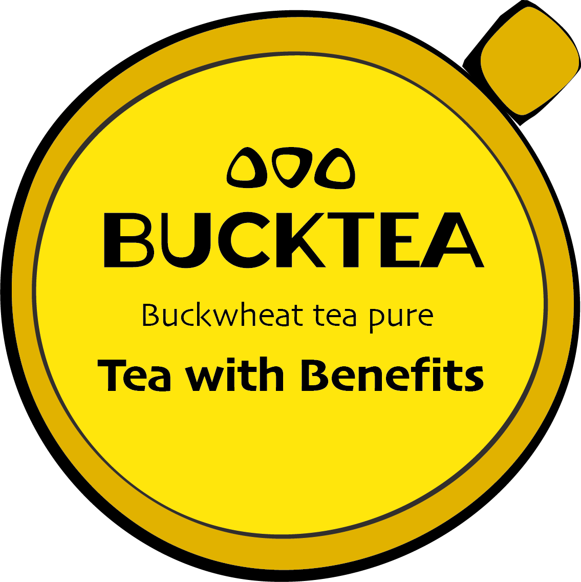 Yellow tea cup. BUCKTEA logo with three grains and copy, tea with benefits, buckwheat tea pure